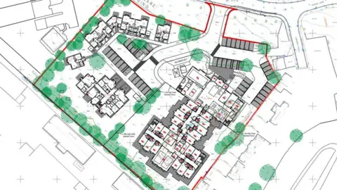 Just Pubs Ltd Top view 2D drawing, showing the 2 sections of the complex including the new road leading in 