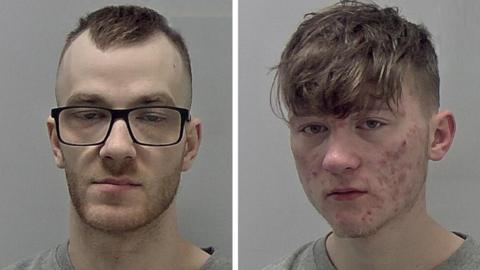 Police mugshots of Jordan Hickman and Jake Jones against a plain grey background
