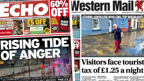 Front pages of the South Wales Echo and the Western Mail