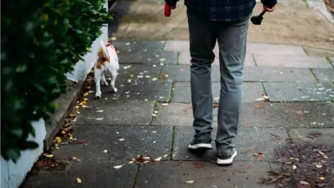 Getty Images Someone walking on a pavement while walking a small dog