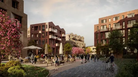 An AI image of a plaza in front of several buildings with people sitting on chairs. People are walking along a nearby pathway and someone is pushing a bike.