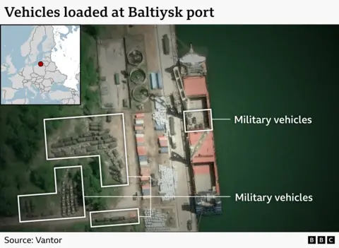 Satellite images showing another Russian tanker loading military vehicles at Russia's Baltiysk port. 