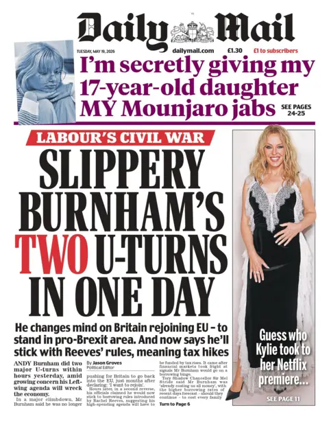 "Slippery Burnham's two u-turns in one day" reads the headline on the front page of the Daily Mail.
