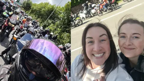 Ryan pictured with fellow riders stretching back behind him, and Laura posing for a selfie with a friend on Dave Day earlier this year.