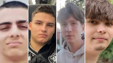 Four images in a row of four young men who died in a crash. They are all looking at the camera in each of their photos, which are cropped closely on their faces.