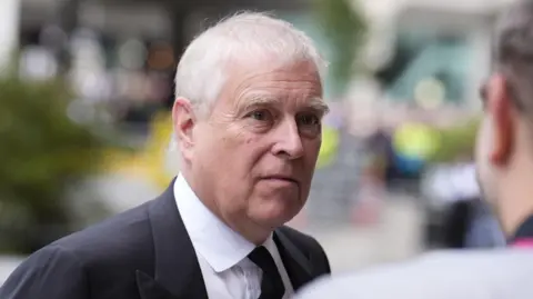 PA Media Prince Andrew arriving at Westminster Cathedral for the funeral of the Duchess of Kent
