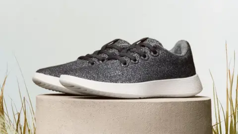A grey Allbirds shoe placed on a display platform for a promotional image