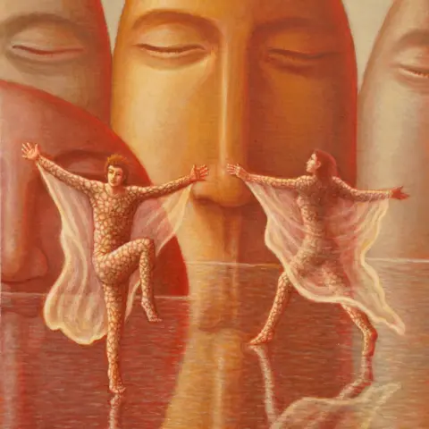 George Underwood George Underwood's painting for Sound & Vision featuring two dancers on a reflective floor with large faces behind them