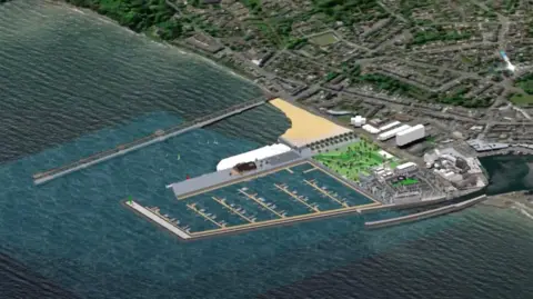 EVMC Artists sketch of proposed plans for South Beach. A long breakwater stretches out to the water, whilst it's 400-berth yacht marina and residential area sits to the right. 