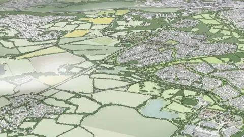 An artist's impression of how the new garden community would look, from the sky. There are green fields and houses.