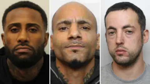 Composite shows mugshots of three men with neutral expressions. The two on the left have tattoos