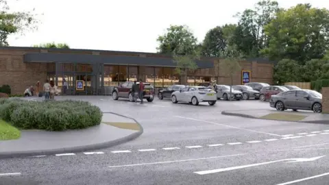 The image shows the supermarket Aldi, with parked cars and some people walking in and out of the store.