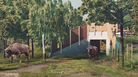 Russell Perry Visual Studio A CGI image of a wooden bridge on grassland with two brown bison walking below. The bridge and bison are surrounded by green trees