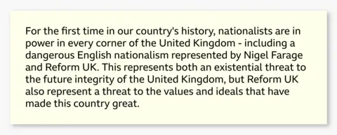 Graphic showing an excerpt from Wes Streeting’s resignation letter reading: "For the first time in our country's history, nationalists are in power in every corner of the United Kingdom - including a dangerous English nationalism represented by Nigel Farage and Reform UK. This represents both an existential threat to the future integrity of the United Kingdom, but Reform UK also represent a threat to the values and ideals that have made this country great."