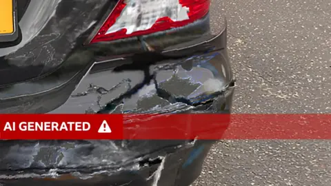 An AI-generated image of a smashed up rear car bumper and light