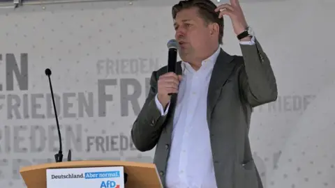 Maximilian Krah with a microphone at a lectern 