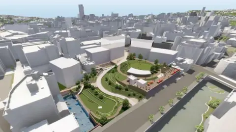 Sheffield Council An artist's impression of the Castlegate scheme shows a green open space and river in the middle of the city