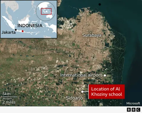 A map showing the Al -Khuzini Islamic Interior School in the Eastern city of Siduaro Java, Indonesia. The school is located about 20 km (12 miles) south of Central Surabaya and close to Juana International Airport.