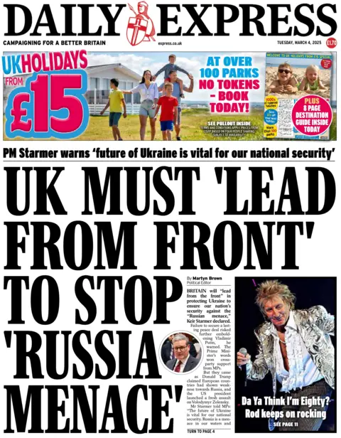 El titular en la página principal del Daily Express dice: "El Reino Unido debe 'liderar desde el frente' para detener 'Rusia Menace'."