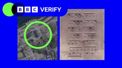 A composite image of two satellite images. The image on the left shows a damage building with a green circle highlighting it. The image on the right shows multiple structures damaged. 