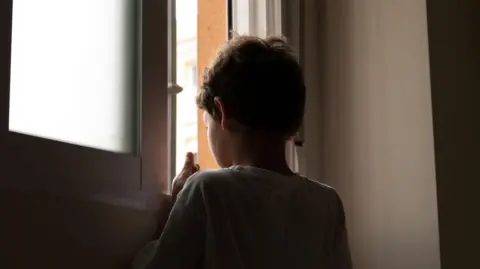 The back of a young child, in a white or light-coloured T-shirt, who is looking out of a slightly-ajar window. It is dimly lit inside.