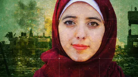 Asmaa Tayeh Portrait of Asmaa, a young woman wearing a red headscarf. She has a very slight smile on her face. In the background is an image of war-damaged and destroyed buildings.