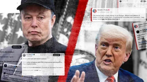 Images of Elon Musk and Donal Trump split by a red line after their social media spat