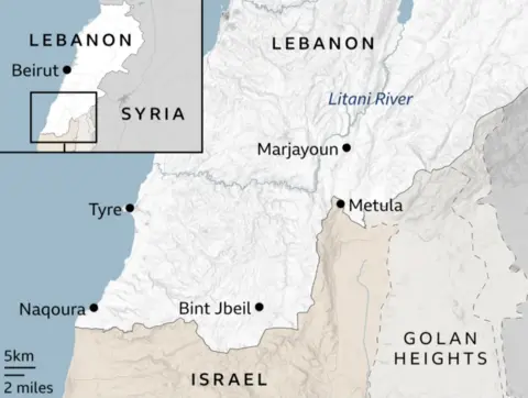 Map showing the location of Tire and other areas of Lebanon