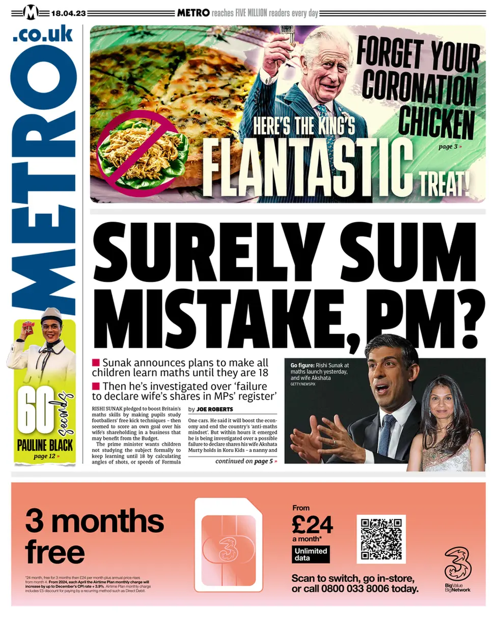 Metro frontpage 18 April 2023