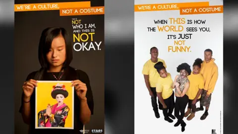 Courtesy Ohio University Two posters showing examples of Ohio University’s Students Teaching About Racism in Society costume campaign