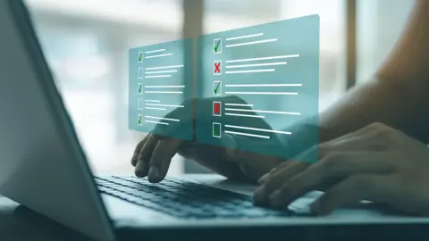 A person typing on a laptop keyboard with a semi-transparent digital checklist overlay. The checklist includes items marked with green checkmarks and red Xs, and a central icon suggests the option to expand or resize the list.