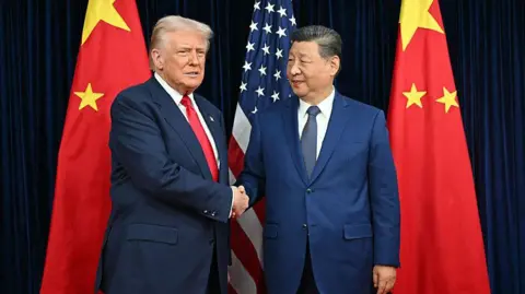 Getty Images US President Donald Trump (left) and China's President Xi Jinping shake hands in front of the American and Chinese flags