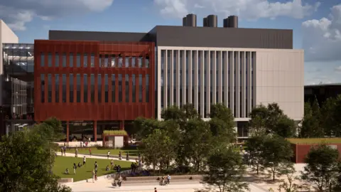 The University of Warwick A CGI image of the building. The left hand side has dark red cladding with the right using white. A square is in the forefront of the picture with lots of greenery