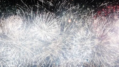 A picture of fireworks set off in the sky. It's a bright white colour.