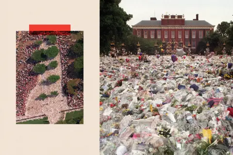 Getty Images Floral tributes and balloons laid in the gardens of Kensington Palace after the death of Princess Diana