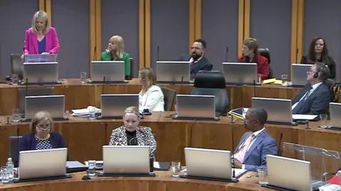 Senedd Cymru Hannah Blythyn, stood speaking in the Senedd, while Vaughan Gething listens at the front of the picture.