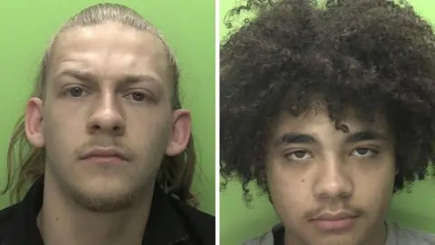 Nottinghamshire Police A mugshot of two men against green backgrounds