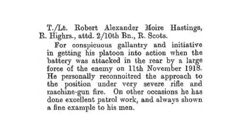 Royal Scots Museum T/Lt Hastins citation