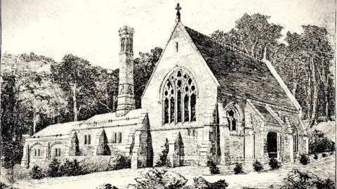 A black and white drawing of a crematorium