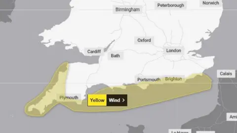 Met Office A met office map showing the area effected by the wind stretching along the coast from Cornwall to beyond East Sussex. 