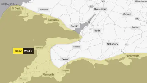 Met Office Map showing a Yellow wind warning in south Wales and south England