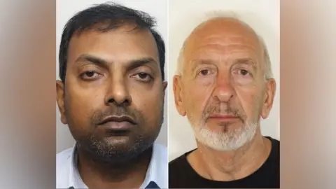 National Crime Agency Sivakumar with short black hair and slight beard wearing a white shirt and SIlvano Turchet, with short white hair and beard wearing a black top in police custody photos