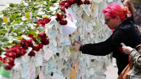 Getty Images People leaving tributes at London Bridge