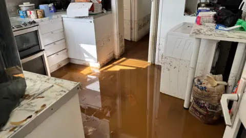 Muddy water on the floor and a tide mark on walls, kitchen cupboards, washing machine and oven