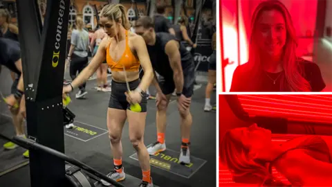 Ruth Clegg/BBC There are three pics - the big one is of Kate using a skierg machine during a Hyrox competition, the two smaller ones to the right are of her at the red light therapy clinic and on a red light bed