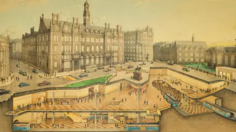 National Tramway Museum Archive drawing of plans for an underground passenger interchange in Leeds' City Square, with a cut-away showing people walking around the station and blue trains, while cars and buses travel around the square above.