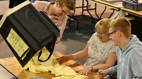 Getty Images Ballot papers arrive to be counted after voters went to the polls in the UK local elections in Southend, England.
