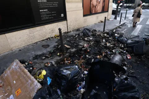 YVES HERMAN/Reuters A woman stands next to burnt rubbish in a street the day after clashes during protests over French government's pension reform in Paris, France, March 24, 2023.