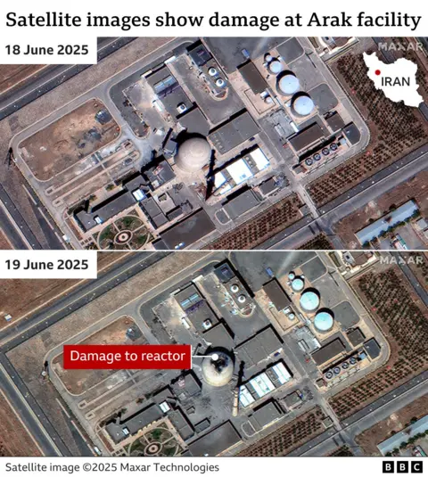Satellite images showing damage to the Arak heavy water reactor in central Iran following Israeli air strikes (19 June 2025)