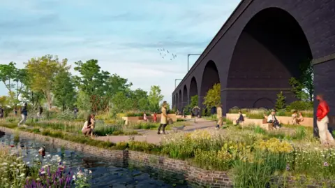 An artist's image shows a waterway on the left with people walking alongside it with railway arches on the right which are surrounded by flowers and fauna. Some people are seated and the sun is shining.